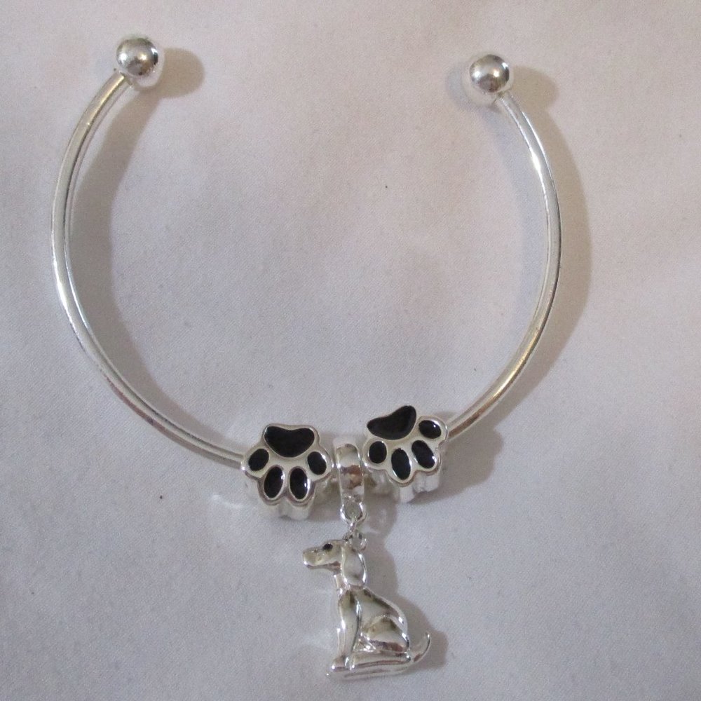 Silver Torque  Bracelet Add-a-bead Dog Charm Paws Slides
